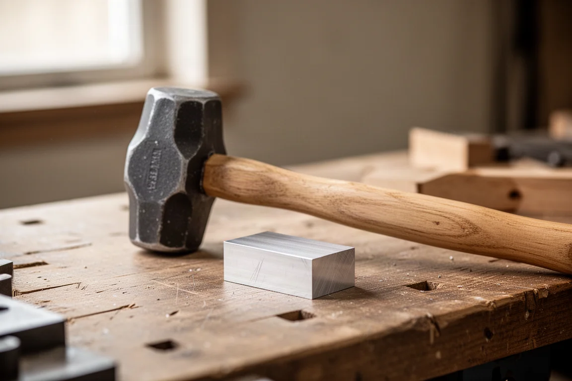 Dödbandsklubba vilande på en träbänk bredvid aluminiummaterial