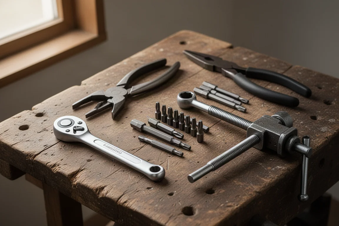 Établi d'atelier avec des outils à main disposés sous une lumière naturelle chaude