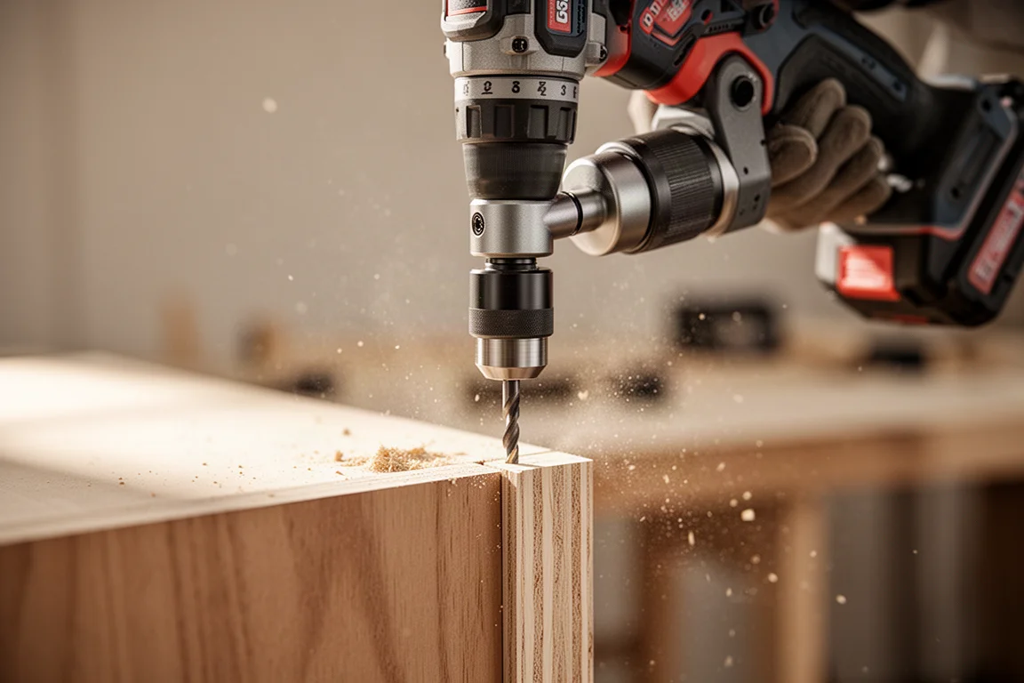 Perceuse sans fil équipée d'un adapteur d'angle droit perçant un panneau en bois