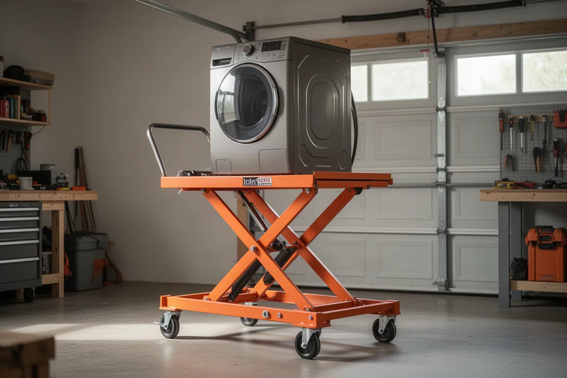 Chariot élévateur à table de type ciseaux levé dans un garage-atelier domestique