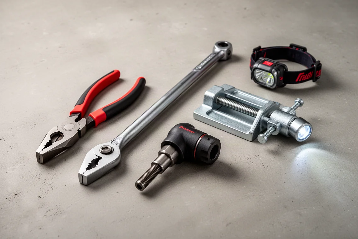 Collection of workshop hand tools arranged on a concrete surface