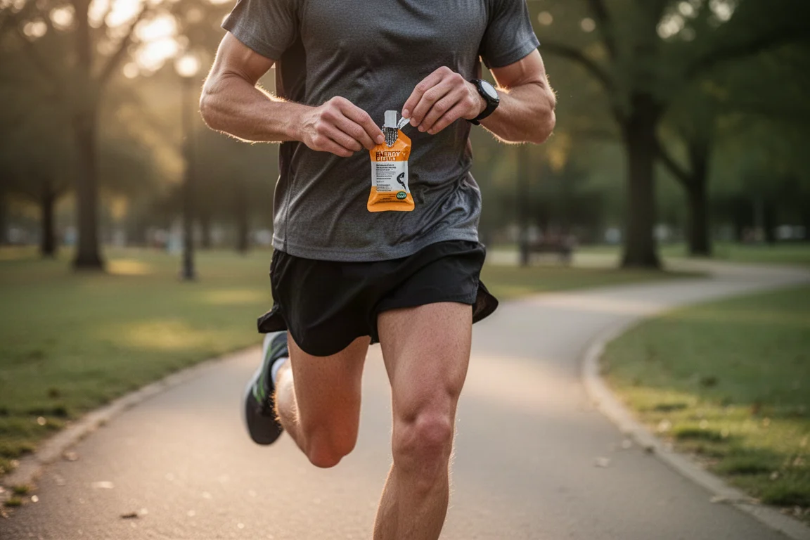 Corredor tomando um gel energético durante um treino