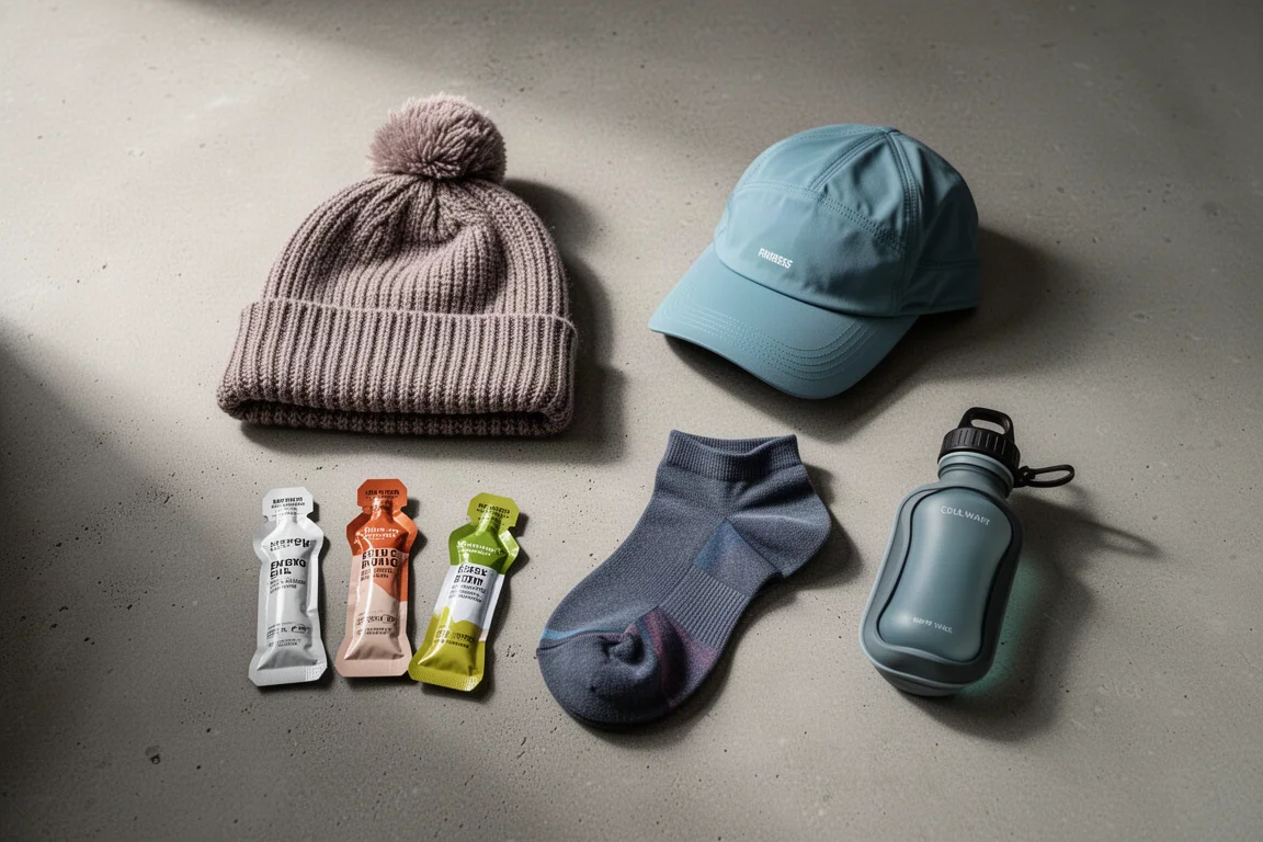 Flat-lay prezentów dla biegacza: czapka typu beanie, czapka z daszkiem, skarpetki, żele energetyczne i mała miękka bidonka