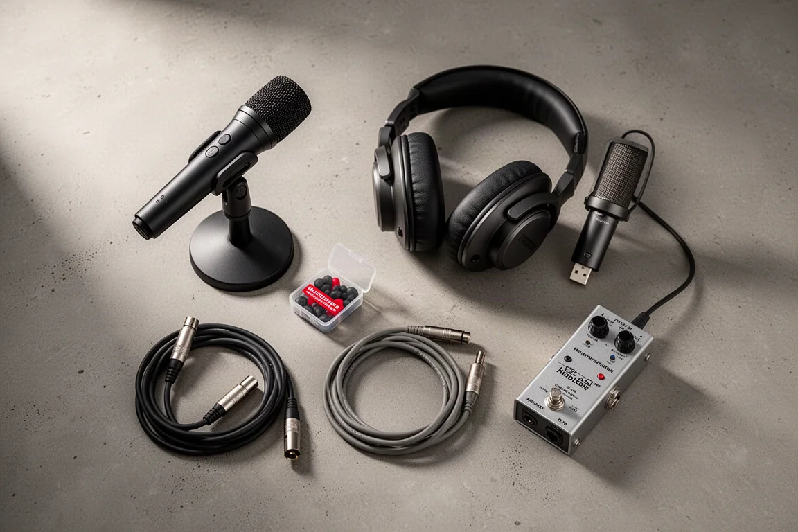 Flat lay of studio audio gear including a microphone, headphones, ear plugs, a cable, and a direct box