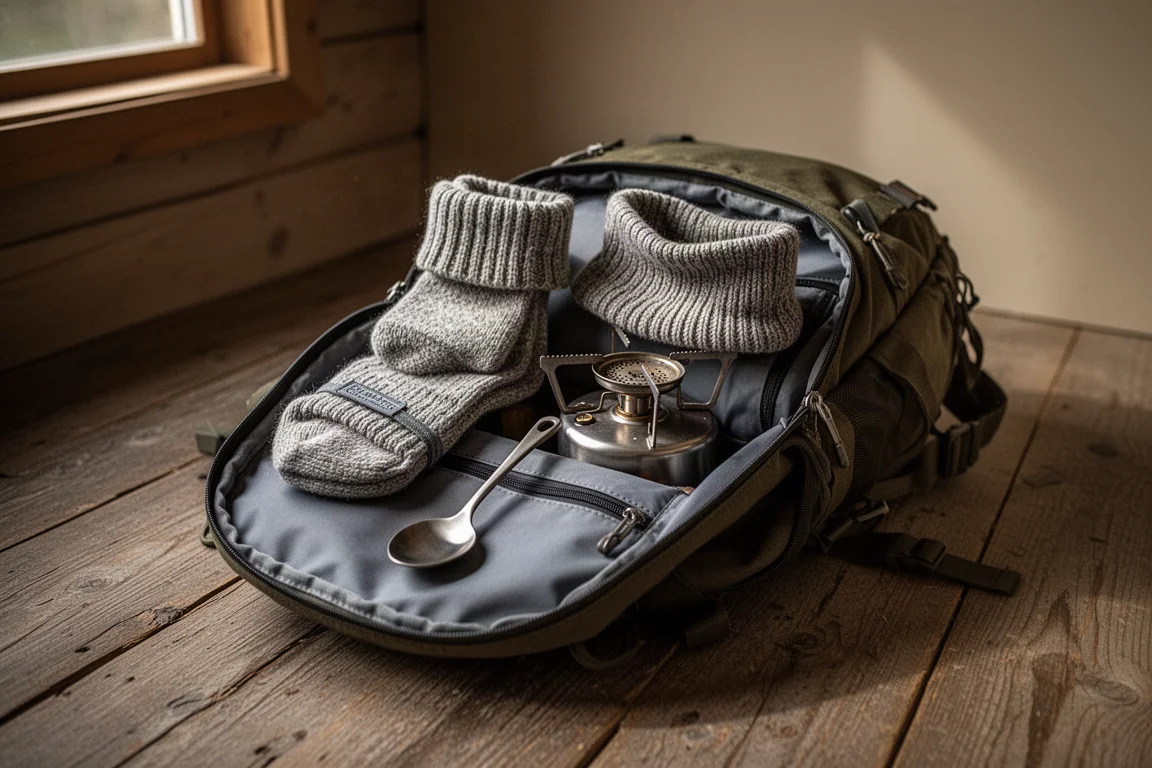 Disposizione dall'alto di piccoli essenziali per il backpacking su un pavimento di cemento prima di un viaggio