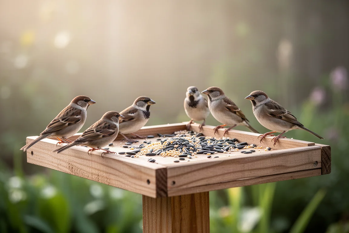 Oiseaux perchés à une mangeoire de jardin dans une douce lumière matinale