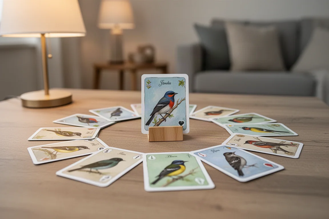 Un groupe jouant à un jeu de cartes sur le thème des oiseaux autour d'une table