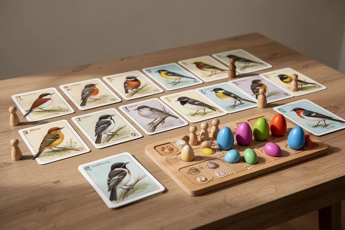 Un jeu de société de stratégie sur le thème des oiseaux en pleine partie sur une table