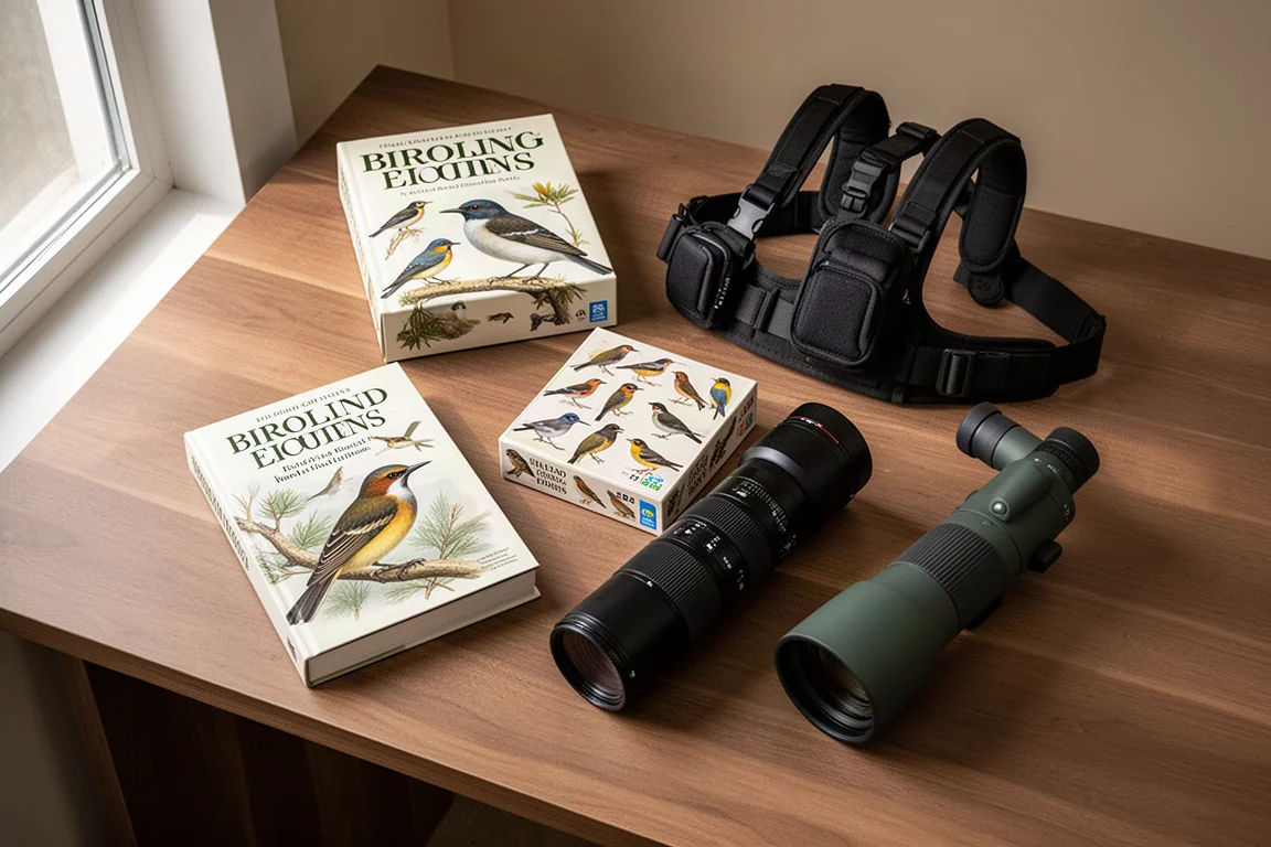 Flat lay mit Geschenken für Vogelbeobachter: ein Bestimmungsbuch, eine Brettspielschachtel, ein Kameragurtzeug, ein Teleobjektiv und ein Spektiv auf einem Holztisch