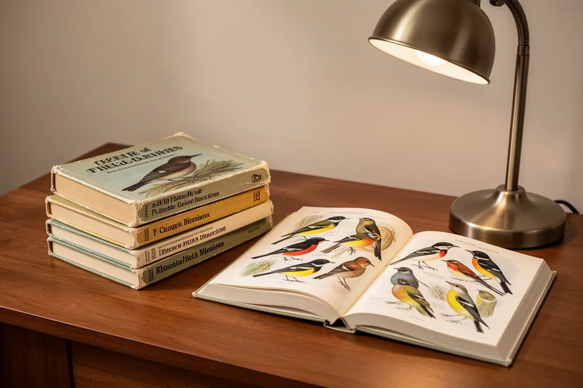 Stapel geïllustreerde vogelveldgidsen op een houten tafel