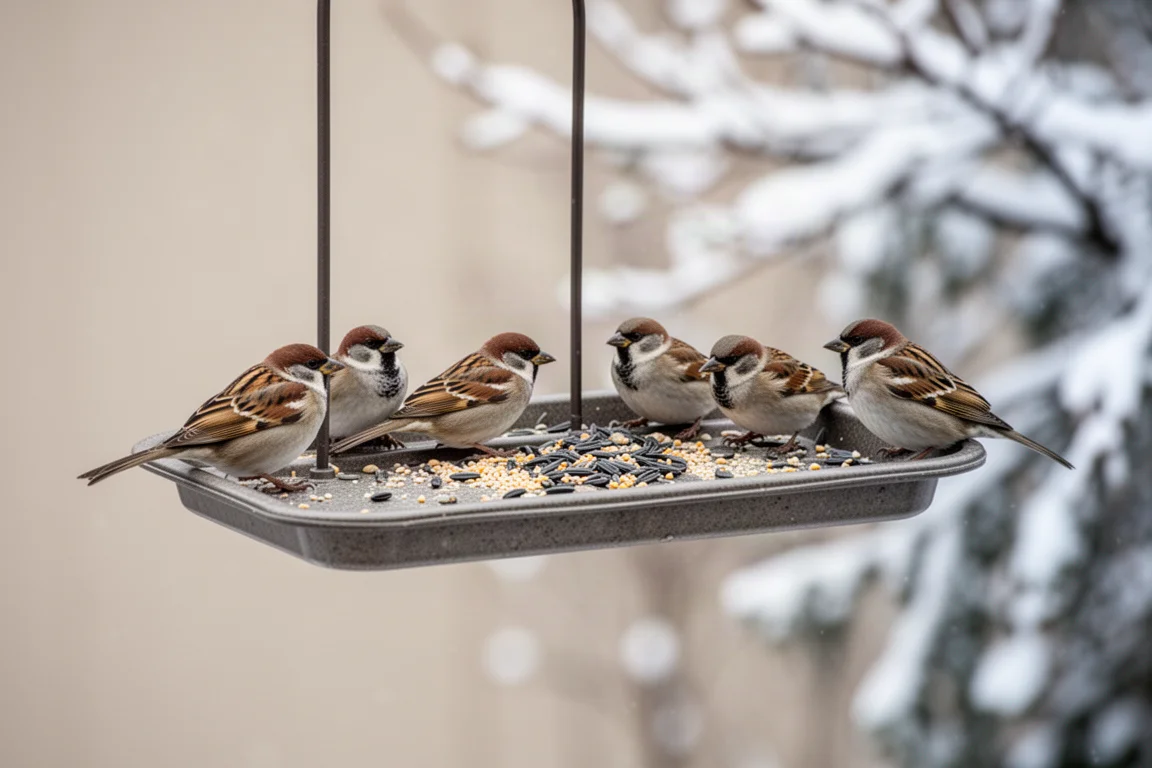 Kleine zangvogels op een vogelvoederhuis in de achtertuin in winterlicht