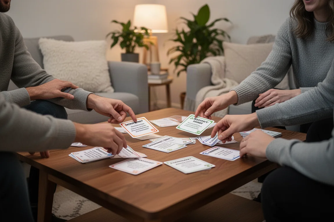 Vrienden spelen een vogeltrivia-spel rond de salontafel