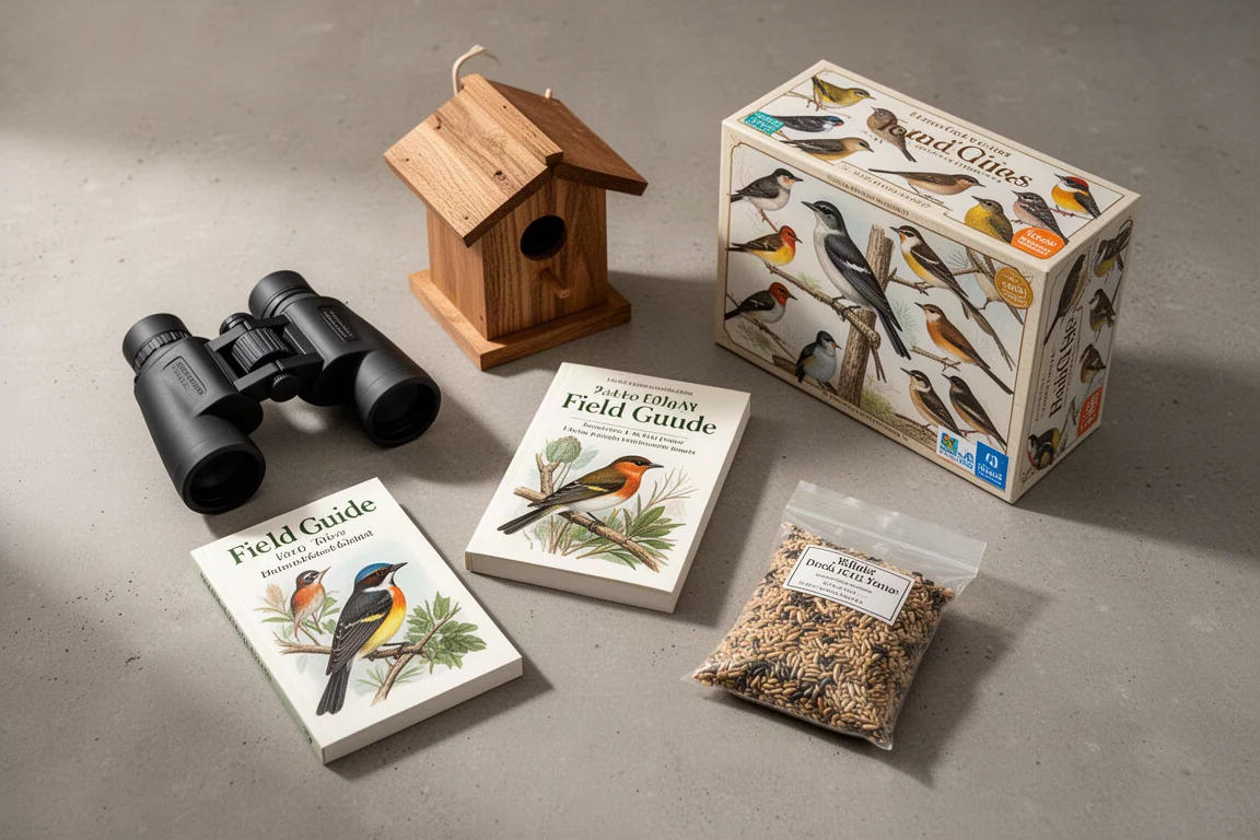 Flat-Lay mit Geschenken für Vogelbeobachter, darunter Fernglas, Bestimmungsbuch, Futterspender, Spiel und Vogelfutter