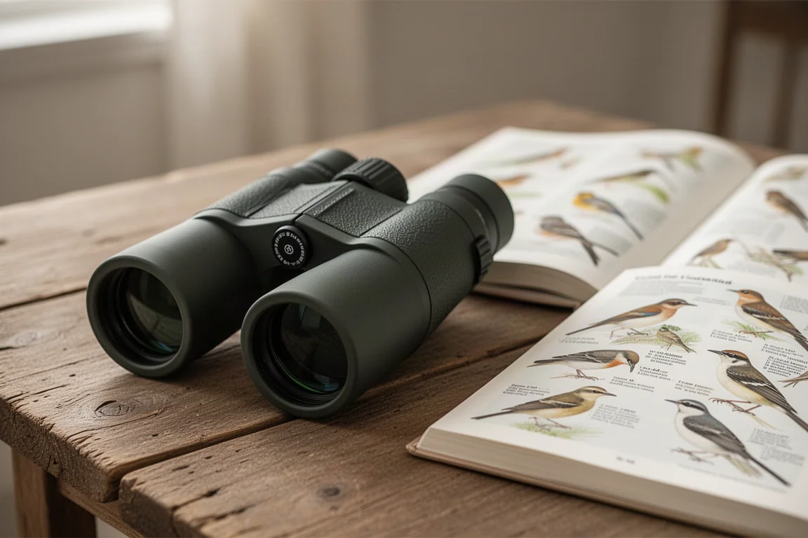 Gros plan de jumelles posées sur une table en bois à côté d'un guide de terrain ornithologique