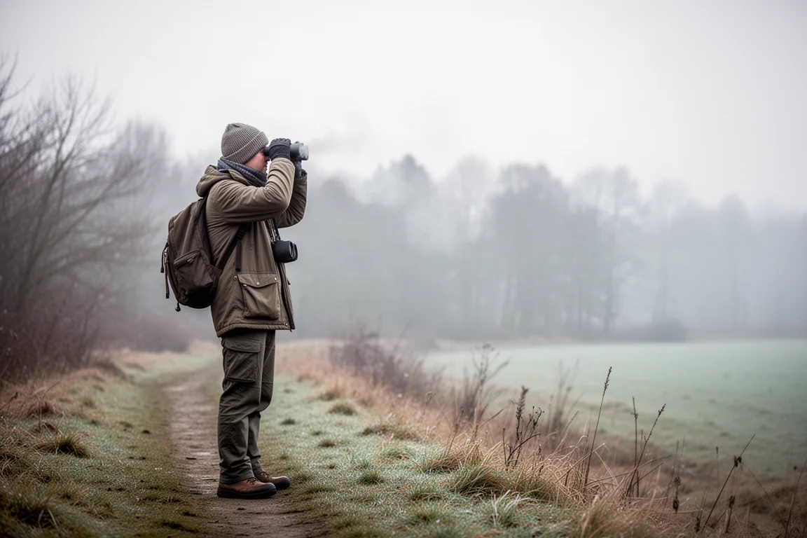 Observateur d'oiseaux en couches chaudes observant des oiseaux par un matin froid et venteux