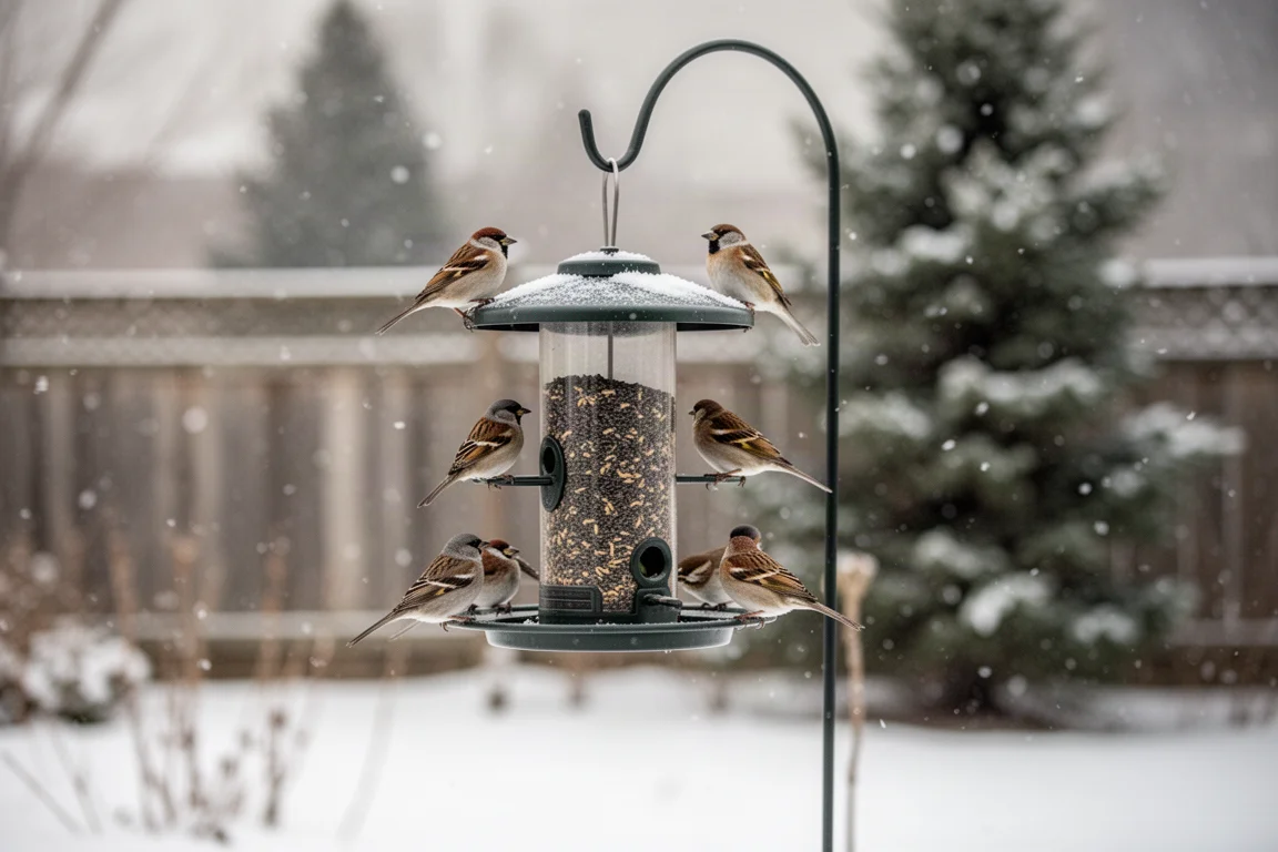 Oiseaux chanteurs perchés sur une mangeoire dans un jardin enneigé