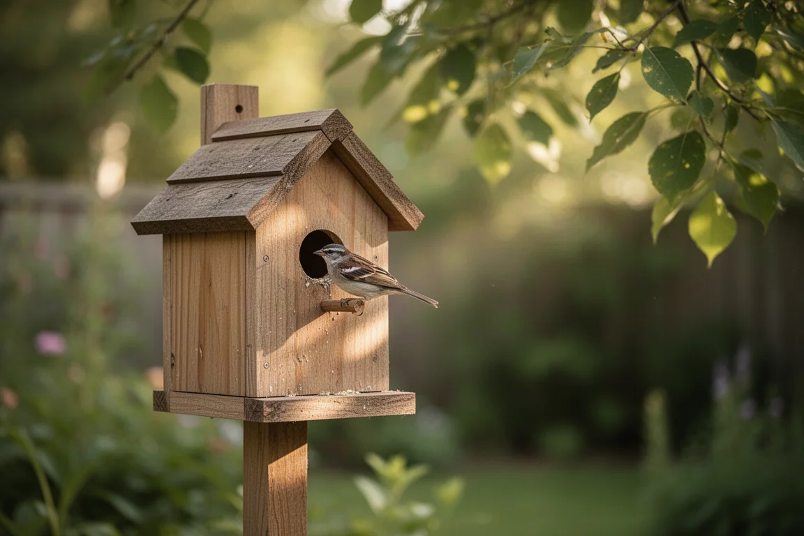 Petit oiseau nicheur à l'intérieur d'un nichoir en bois dans un jardin feuillu