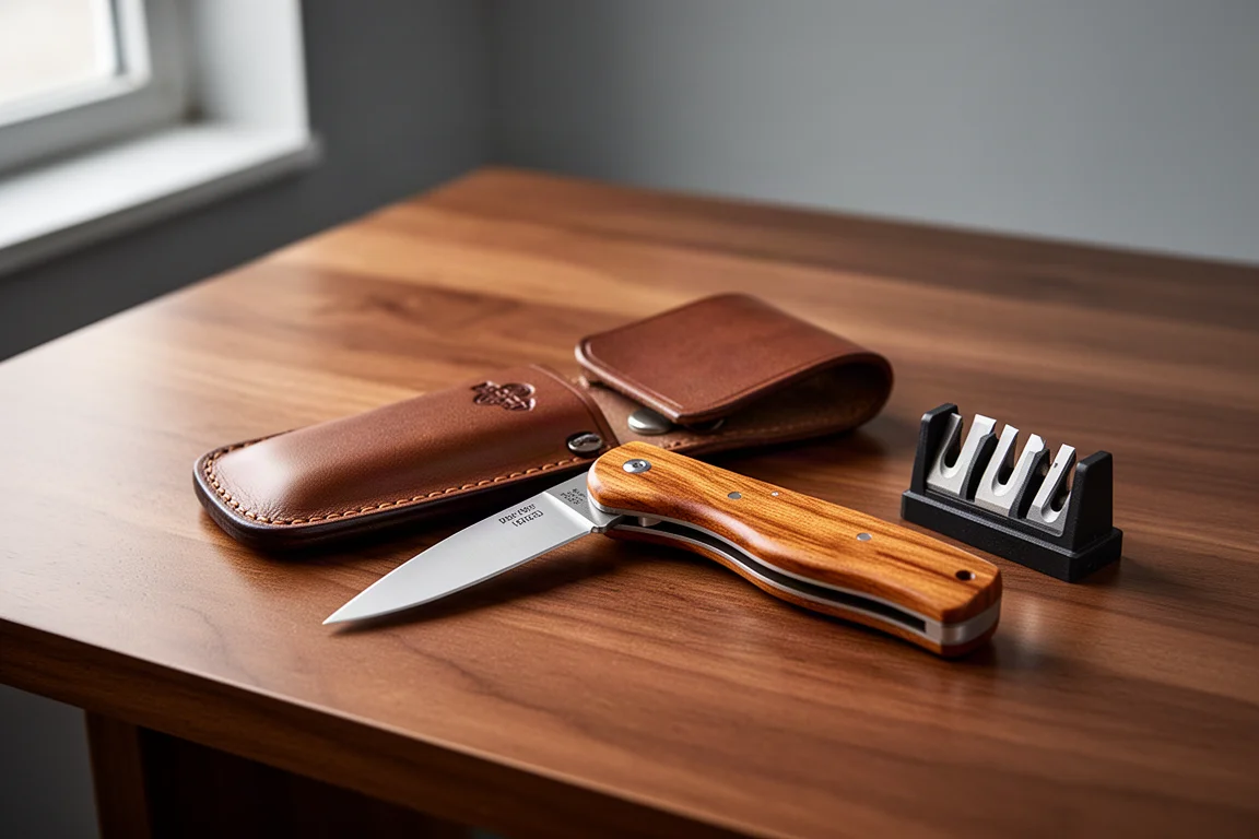Cuchillo plegable con cachas de madera de cerezo junto a una funda de cuero y un kit de afilado