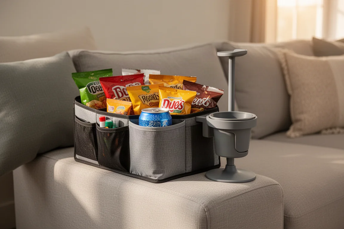 Organizador modular de sofá con aperitivos y una bebida en el brazo de un sillón