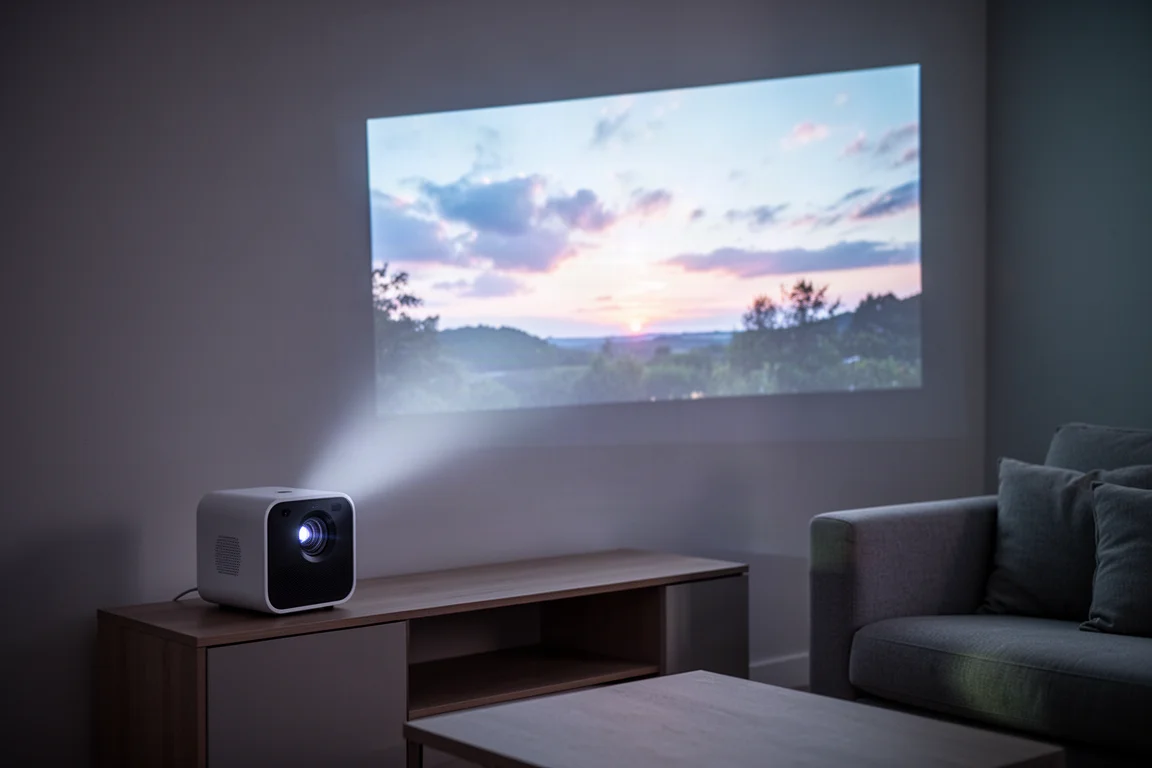 Proyector 4K compacto proyectando una imagen grande y brillante en la pared de una sala al atardecer