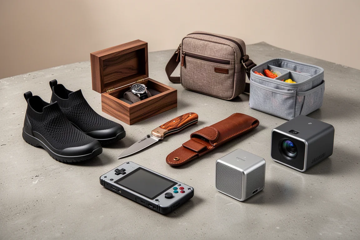 Flat lay of nine gift items including shoes, a watch case, a knife, a sling bag, a handheld console, an organizer, a speaker, and a projector