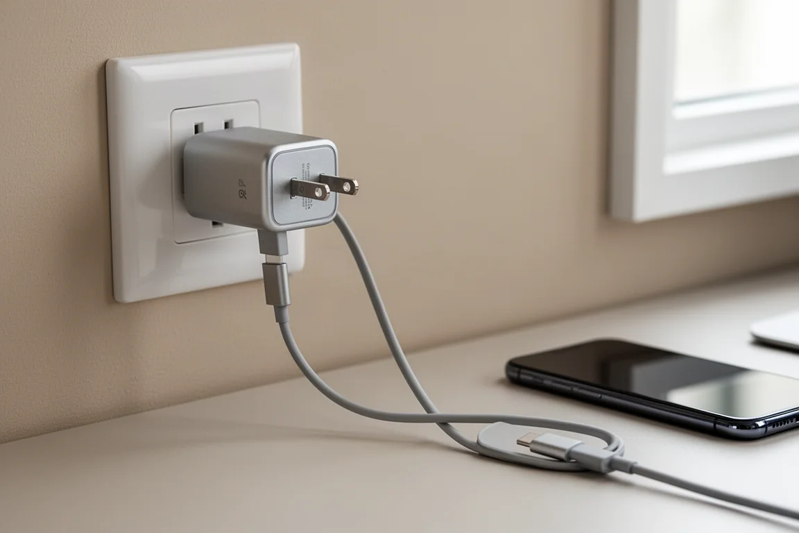 Kompakt utrullningsbar laddare som drags ut ur ett vägguttag med USB-C-kabel