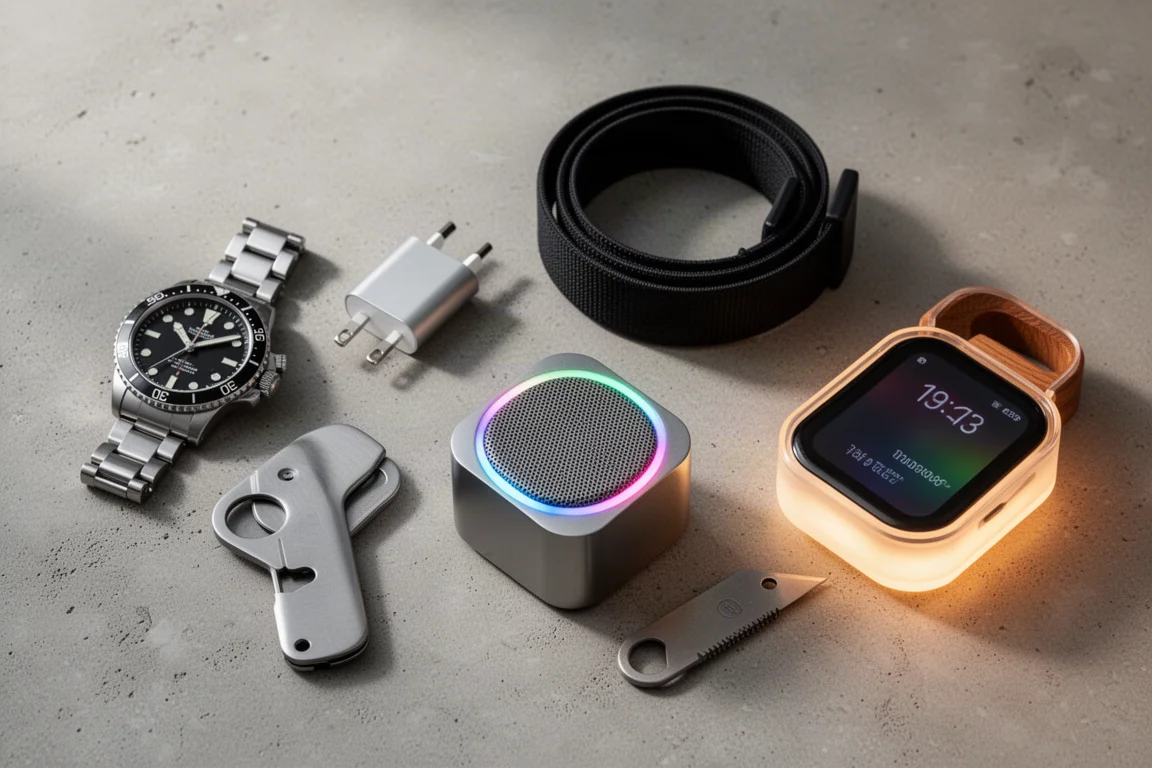 Flat-lay of gift items including a dive watch, charger, belt, speaker, utility blade, and LED display case on concrete