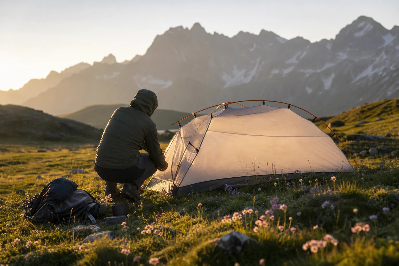 Backpacker setting up camp in a mountain meadow at golden hour