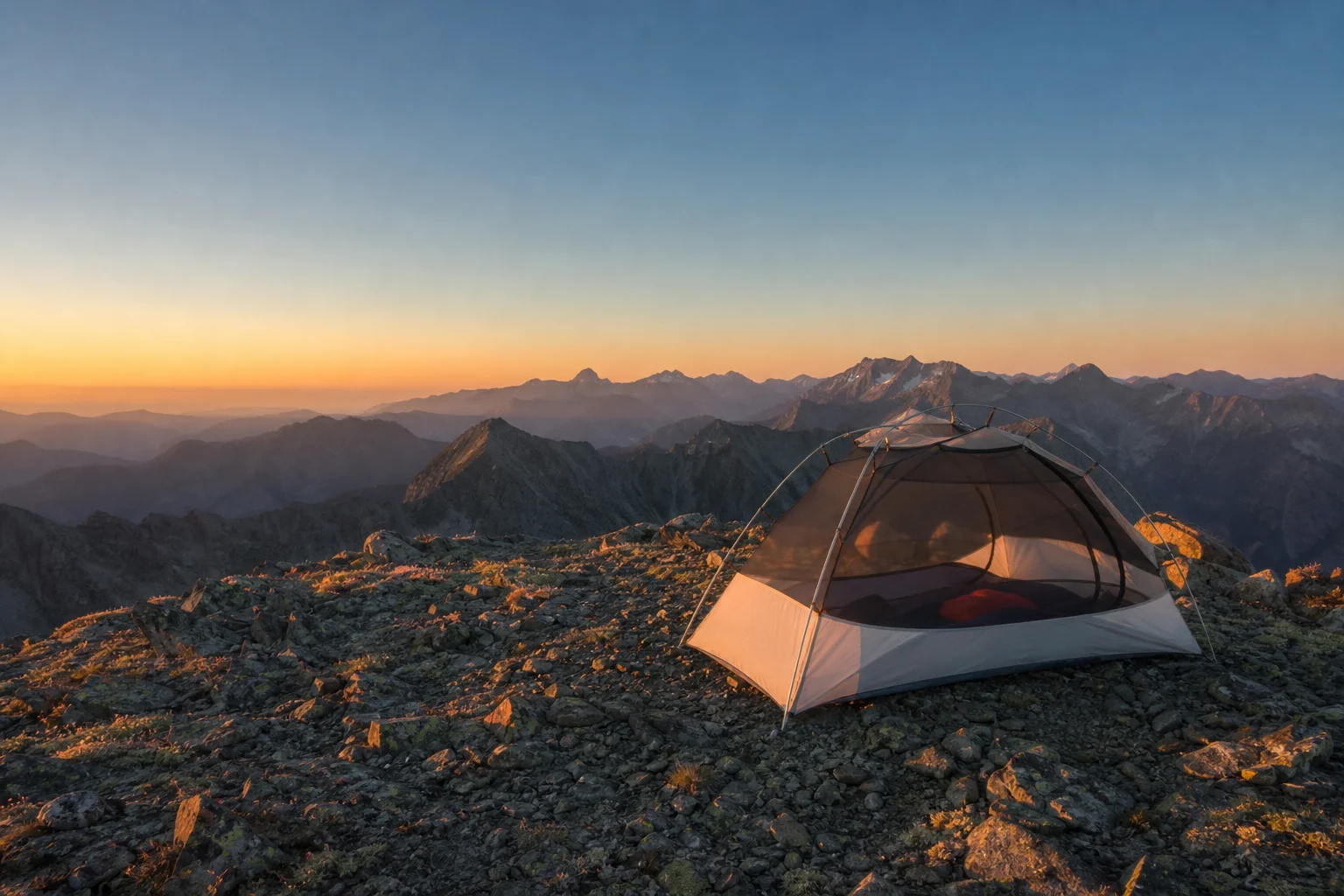 Ultralight backpacking tent pitched on rocky alpine ridge at sunset