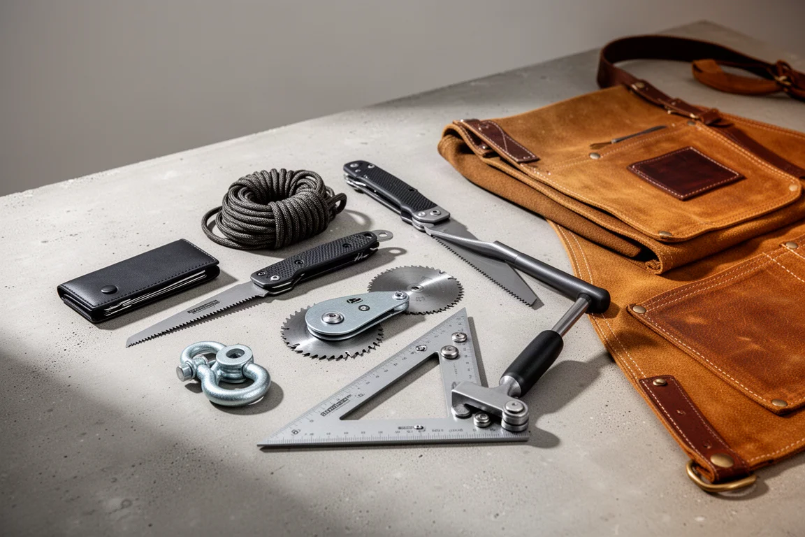 Collection of workshop gifts including a wallet, paracord, saw, blade, pulley, square, hammer tool, and leather apron on concrete