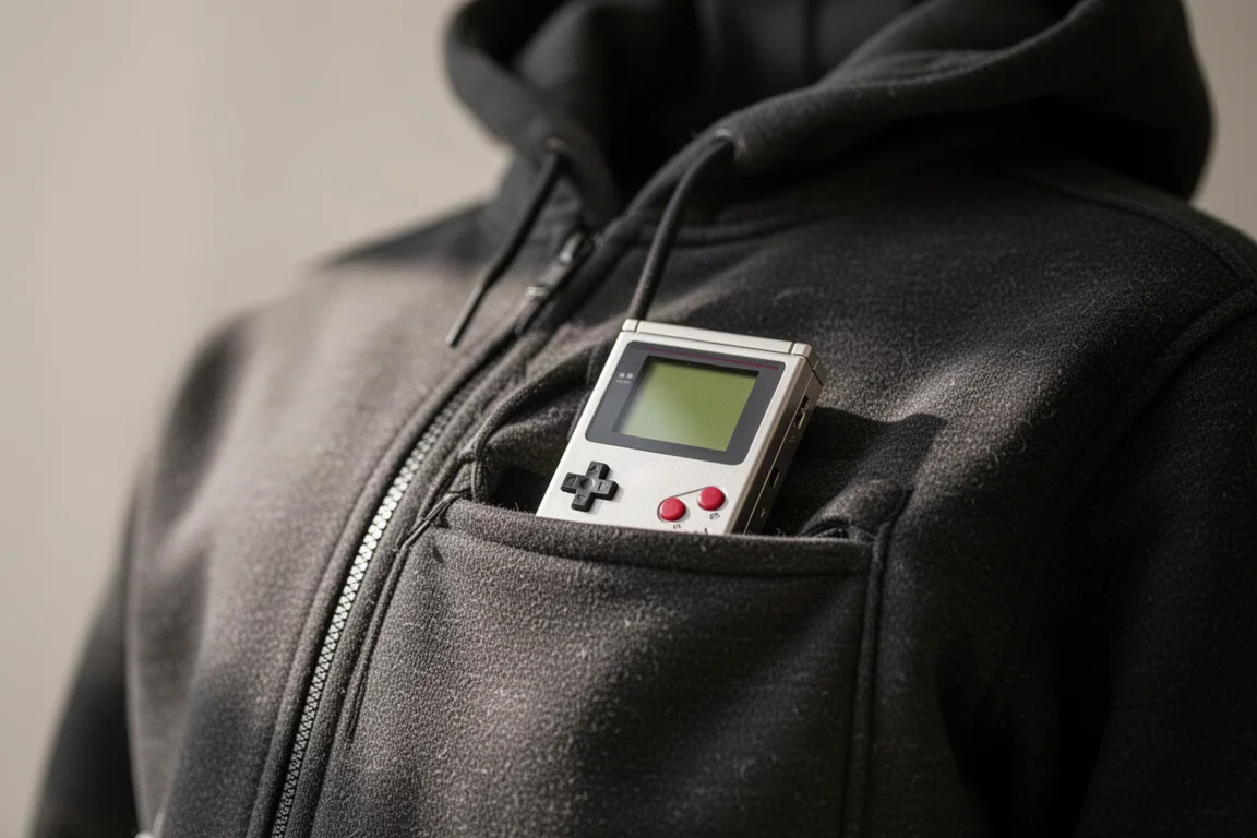 Mini console portátil de metal repousando no bolso aberto de uma jaqueta