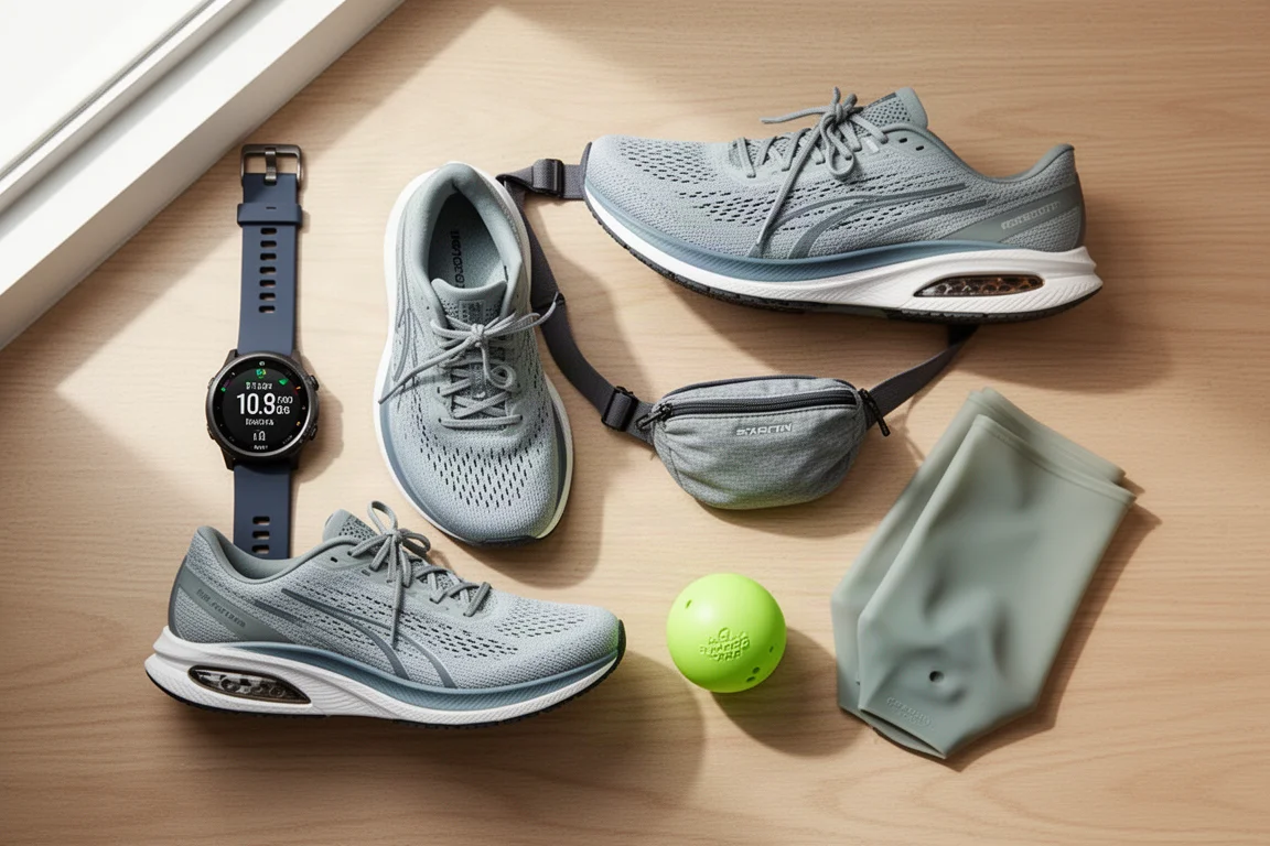 Flat-lay of running gift items including a GPS watch, running shoes, belt bag, lacrosse ball, and shoe gaiters