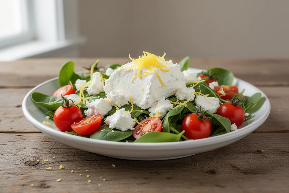 Fresh goat cheese crumbled onto a salad beside lemon zest