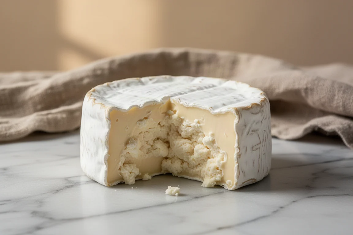 Bloomy-rind goat cheese cut open with creamy layer near the rind