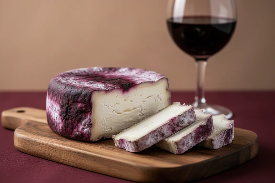 Wine-rind goat cheese wheel on a board beside a glass of red wine