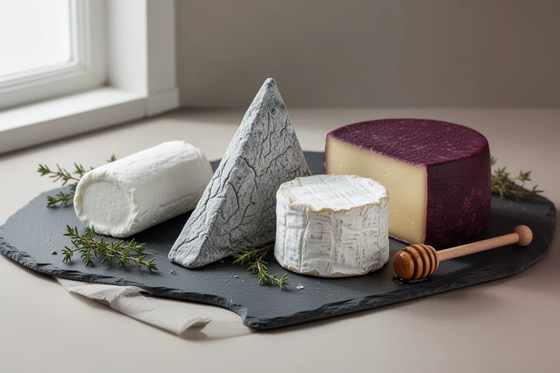 Four goat cheeses of different styles arranged on a slate board with herbs