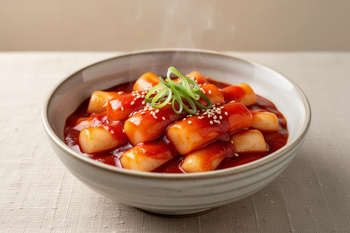 Tigela de tteokbokki (bolinhos de arroz) cobertos com molho brilhante de gochujang vermelho