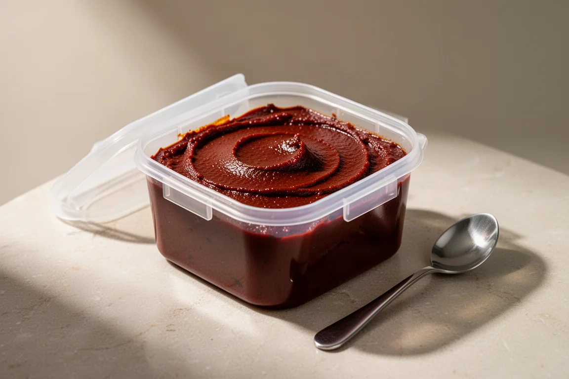 Pote aberto de pasta de gochujang escura com uma colher apoiada ao lado