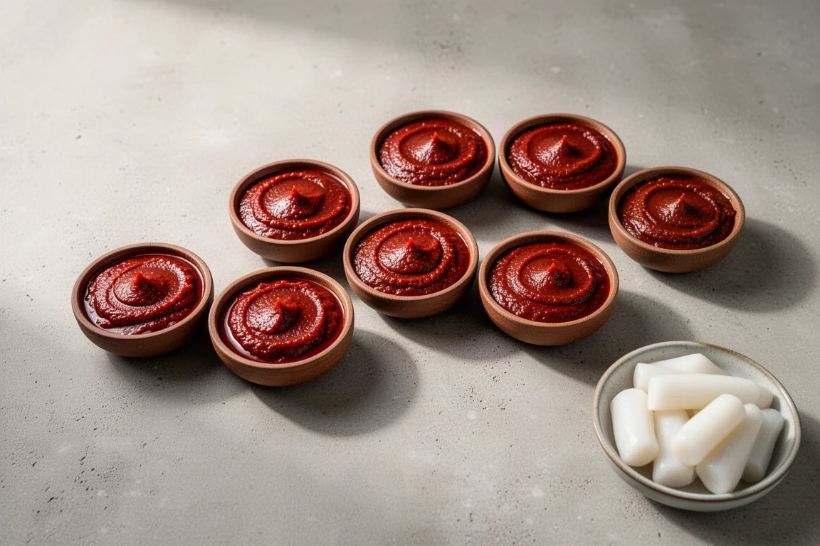Eight bowls of gochujang in varying shades of red arranged on a concrete surface