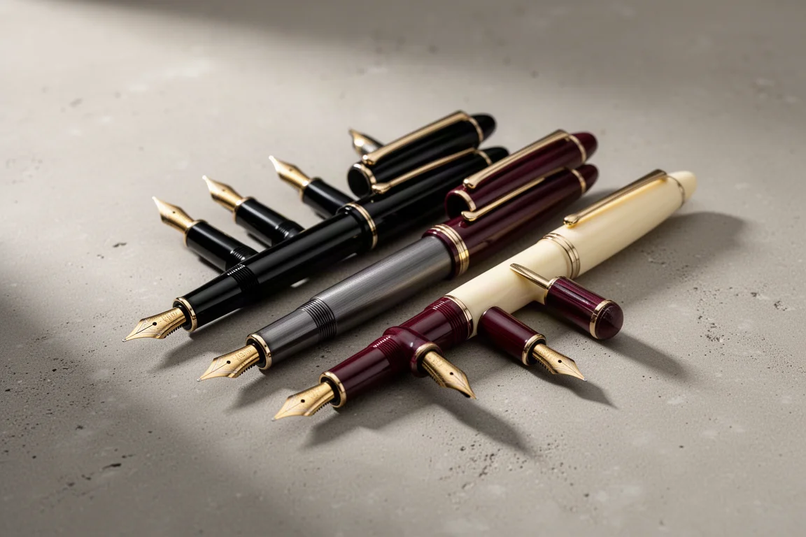 Six elegant gold-nibbed fountain pens arranged in a row on concrete