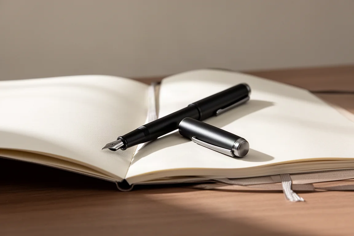 Una pluma estilográfica reposando sobre un cuaderno abierto en un escritorio de madera