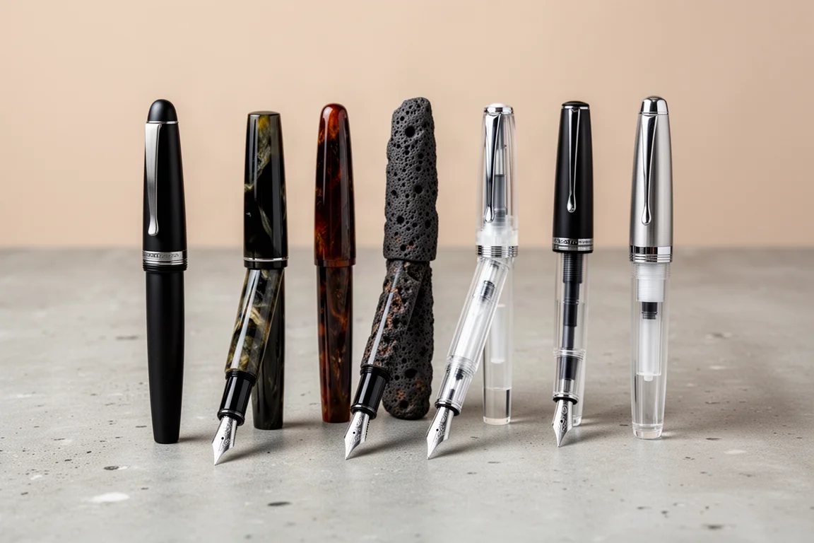 Six luxury fountain pens arranged in a row on a concrete surface