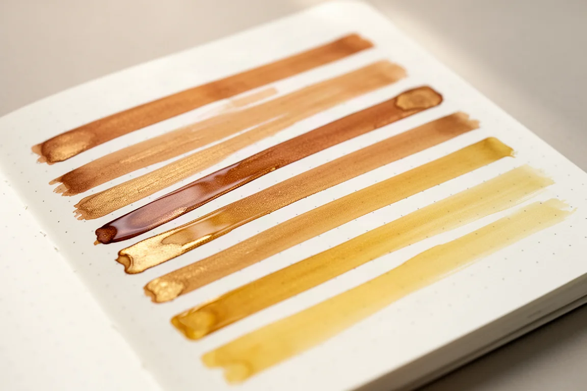 Goldene Gelpen-Muster trocknen auf weißem Notizbuchpapier