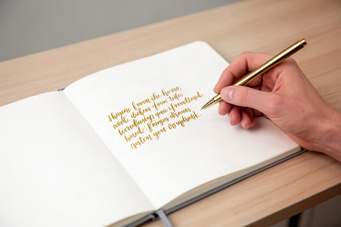 Person schreibt mit einem goldenen Gelpen in einem offenen Journal