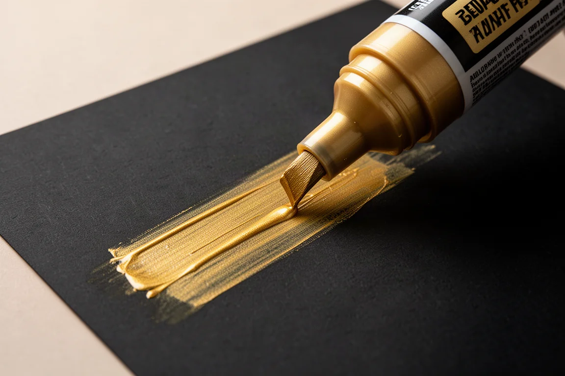Goldener Paintmarker erzeugt einen kräftigen Farbauftrag auf schwarzem Papier