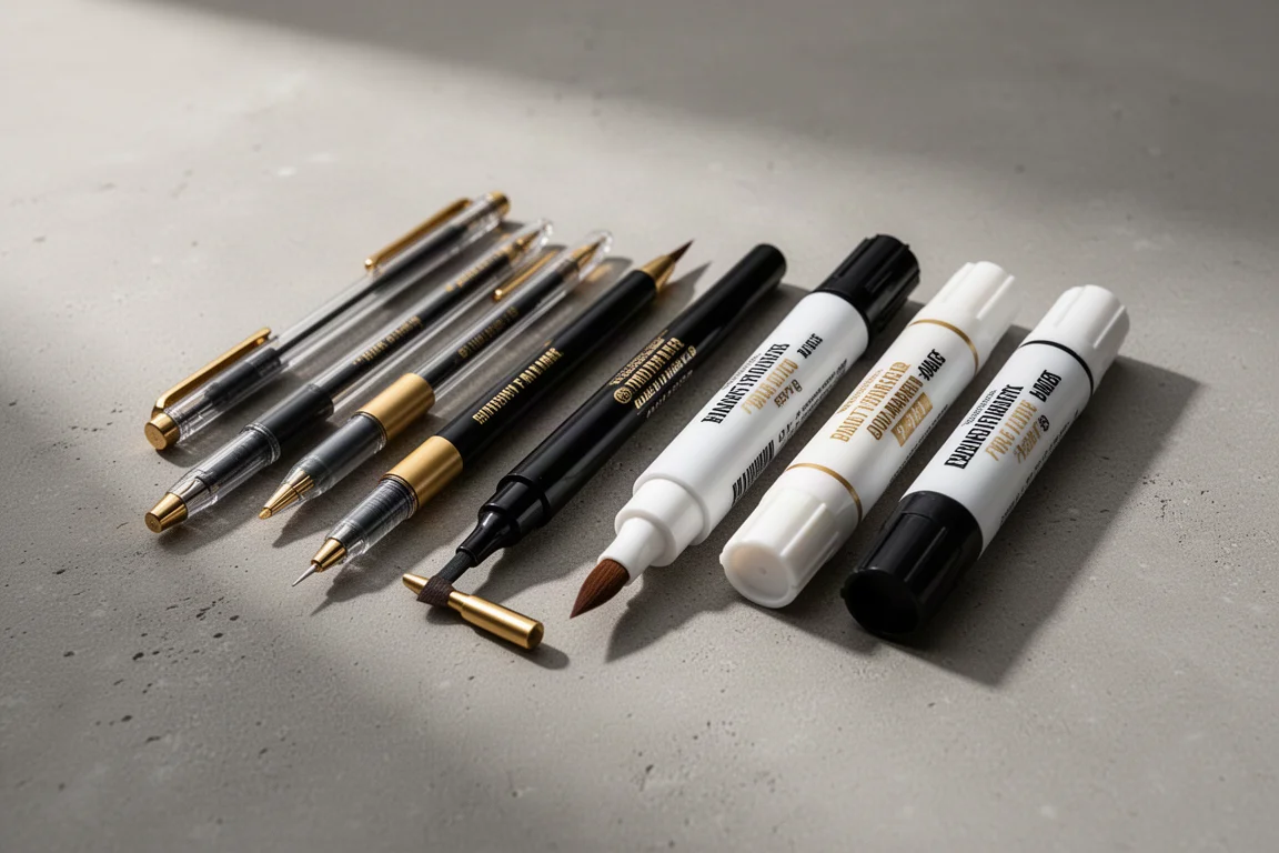 Zestawienie złotych długopisów żelowych, pędzla brush pen, markera dot oraz markerów paint na betonie
