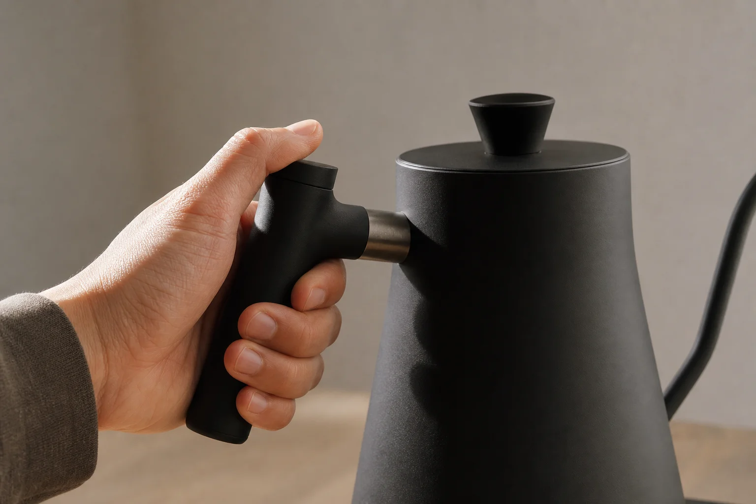 Hand holding gooseneck kettle demonstrating ergonomic grip and weight