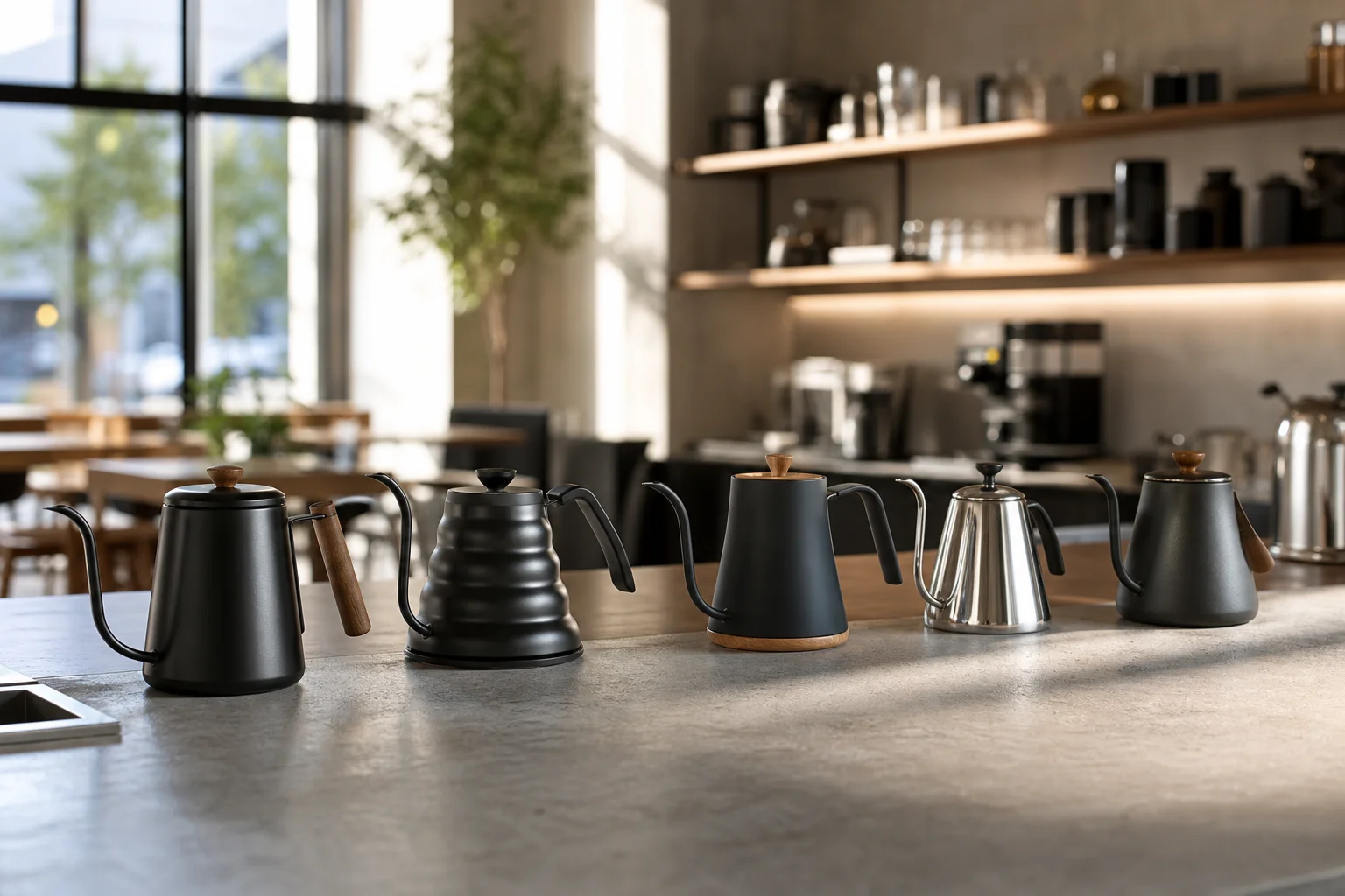 Multiple gooseneck kettles lined up on cafe counter during morning service