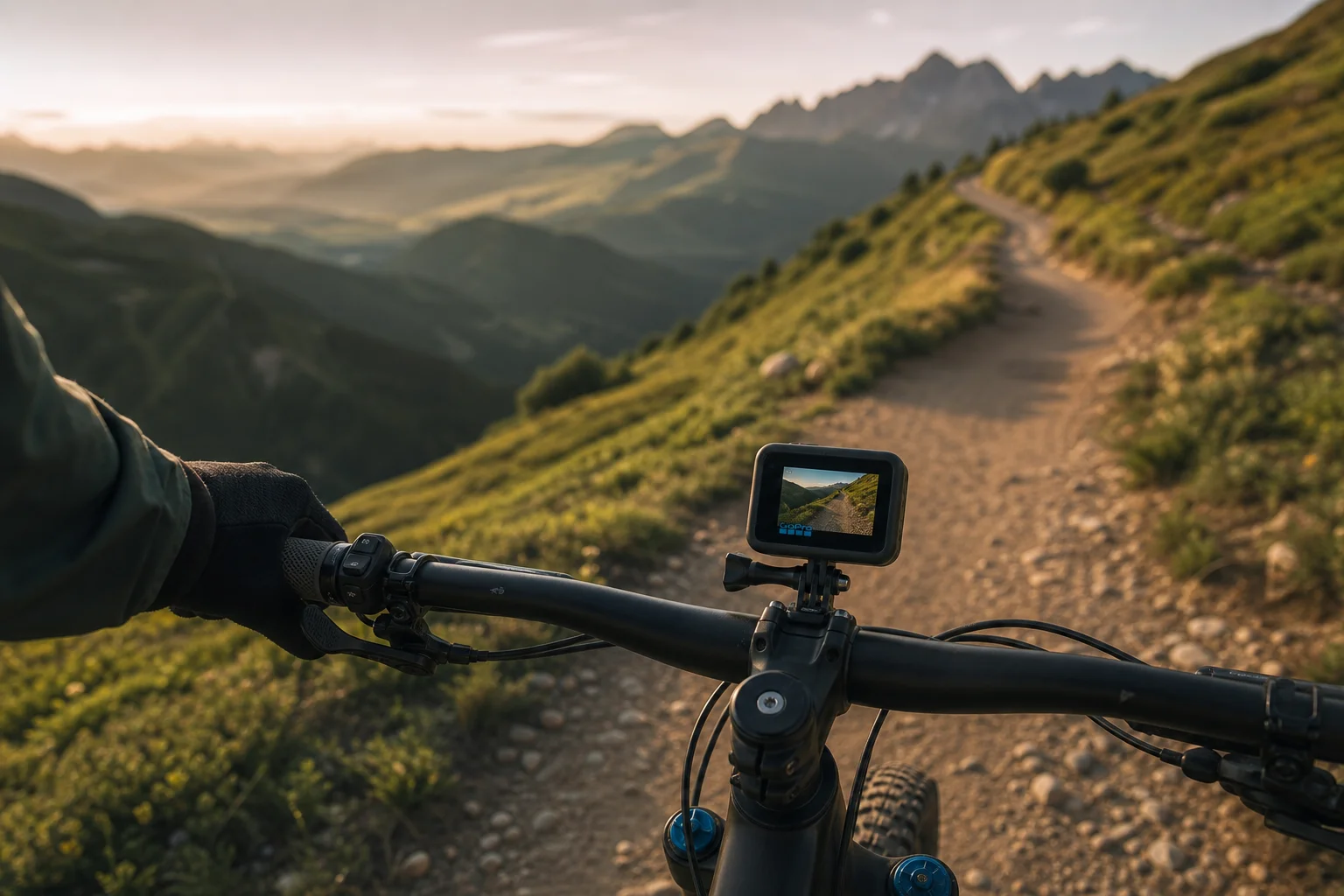 GoPro mounted on bike handlebar during mountain ride with green landscape