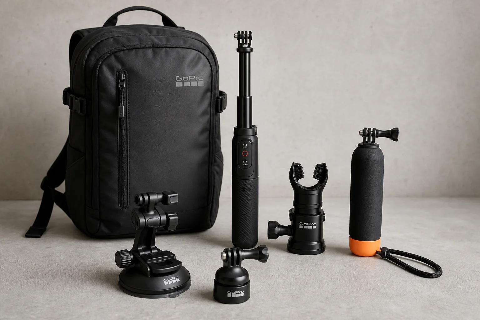 Collection of GoPro accessories including backpack, extension pole, mounts, and floaty on concrete surface